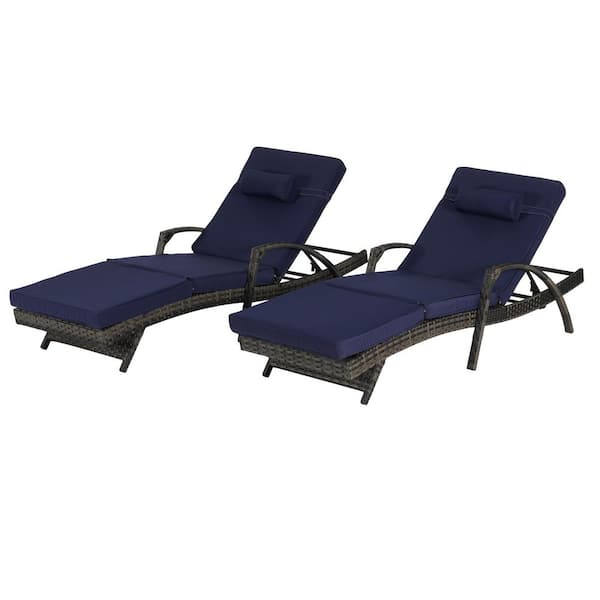 Outdoor Armchairs 2-Pieces Wicker and Metal Outdoor Recliner with Dark Blue Cushions