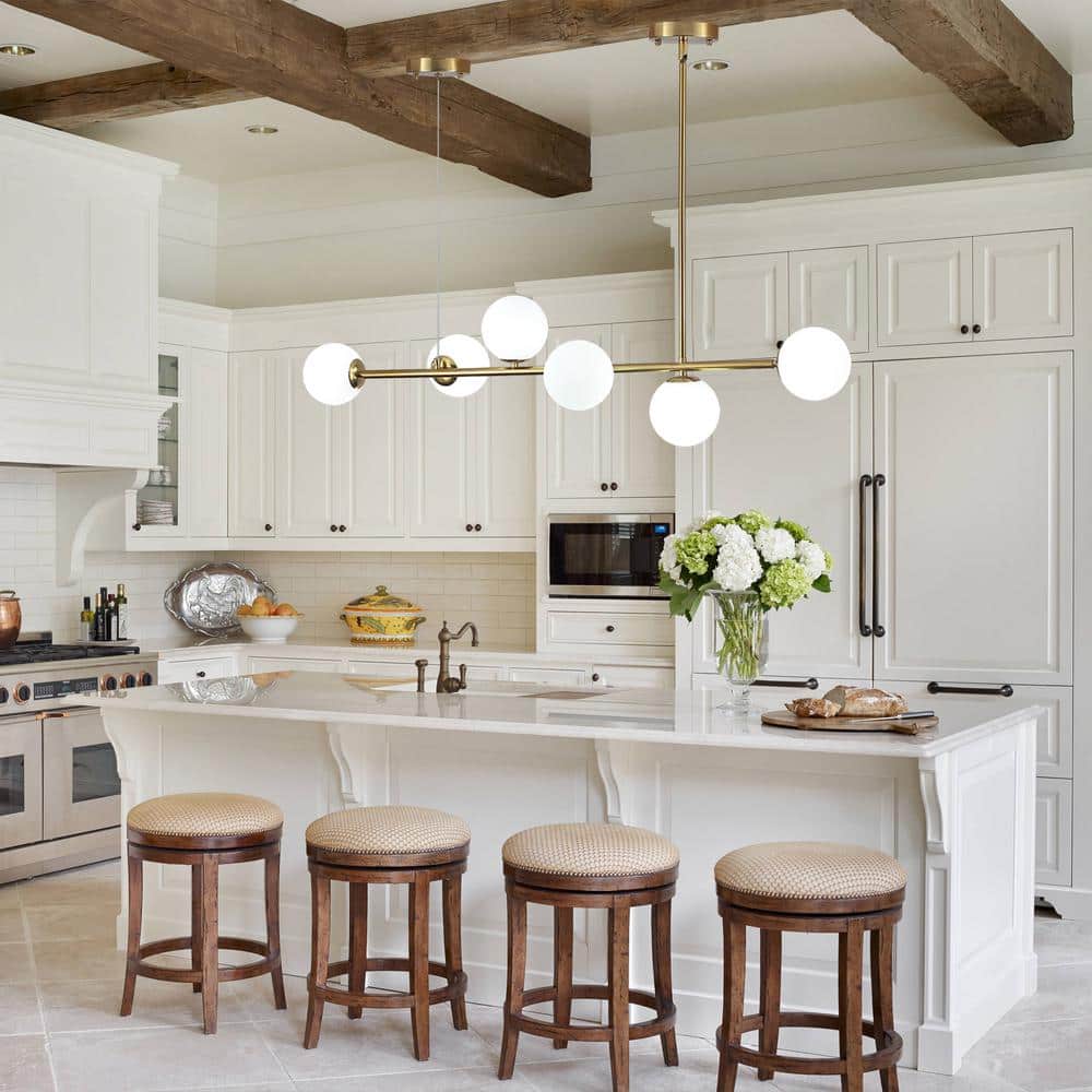 Modern Brass Linear Sputnik Chandelier with Milk Glass Shades