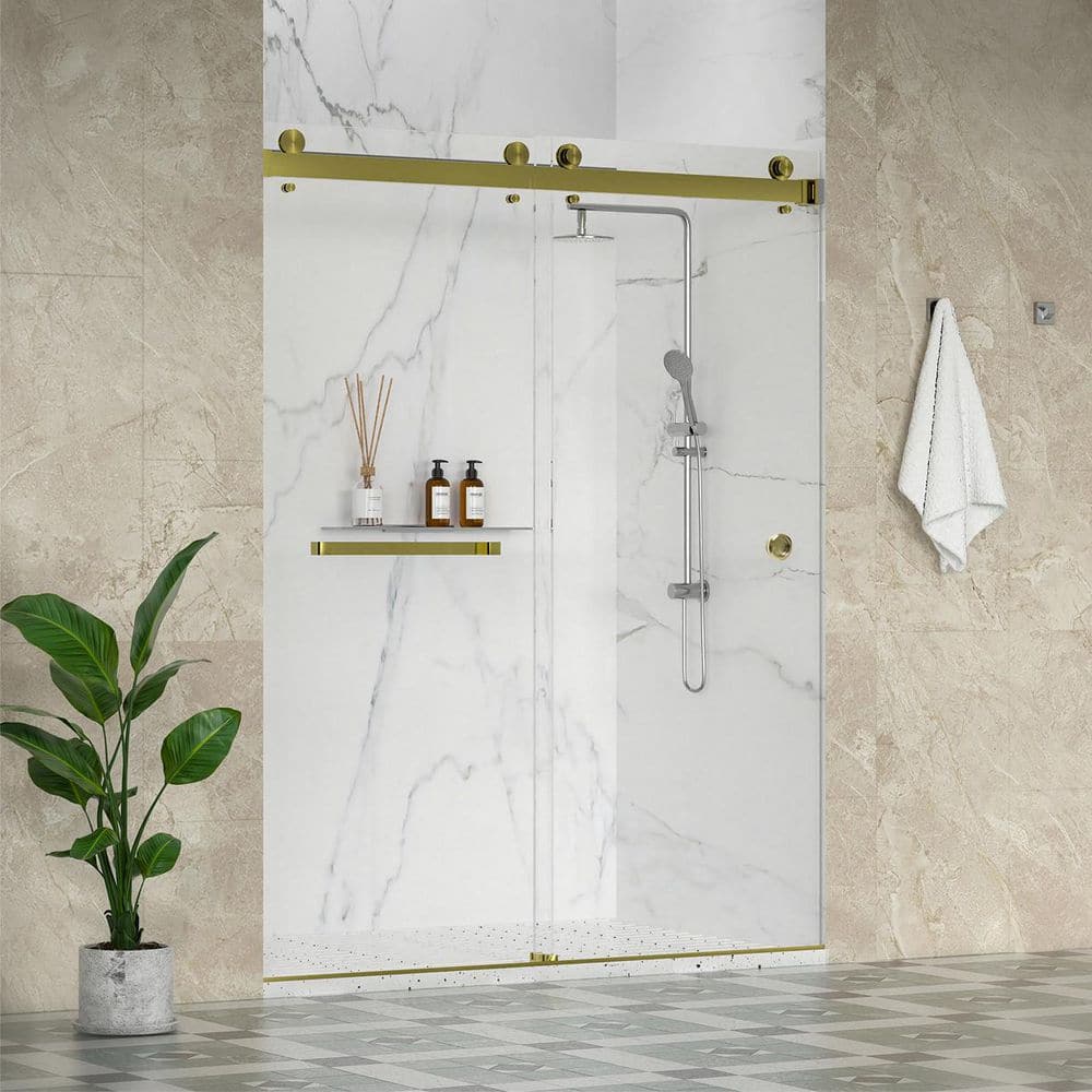 SolaFP 56-60 in. W x 84 in. H Double Sliding Frameless Shower Door in Brushed Gold with 3/8 in. Clear Glass price history on PriceWatchPro