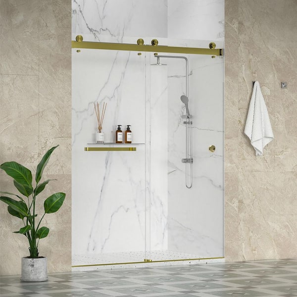 SolaFP 56-60 in. W x 84 in. H Double Sliding Frameless Shower Door in Brushed Gold with 3/8 in. Clear Glass