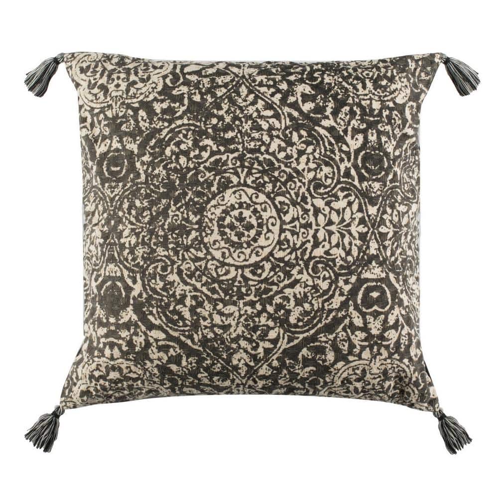 Sidonia 16" Gray and Cream Square Throw Pillow with Tassels