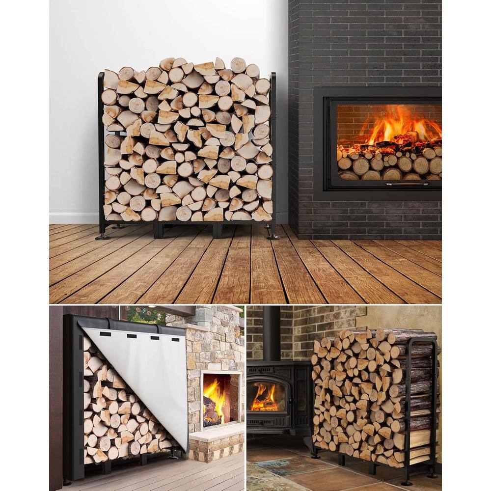 4 ft Black Steel Firewood Rack with Waterproof Cover