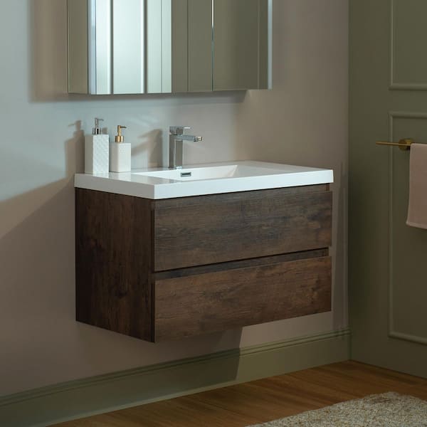 NJ 35.4 in. W x 19.6 in. D x 22.5 in. H Single Sink Floating Bath Vanity in Rose Wood with White Resin Top