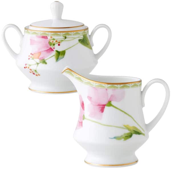 Noritake Poppy Place (White and Pink) Porcelain Sugar and Creamer Set