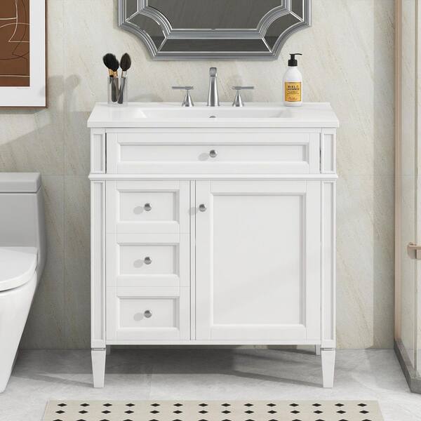 30 in. Single Sink Freestanding White Bath Vanity with White Ceramic Top Unassembled