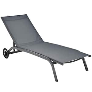 Grey Metal Outdoor Chaise Lounge Adjustable Back Recliner Garden with Wheel