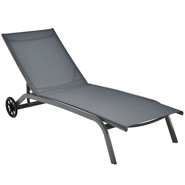 Costway Grey Metal Outdoor Chaise Lounge Adjustable Back Recliner Garden with Wheel