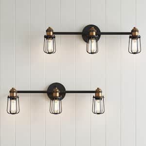 Rori 23 in. 3-Light Vanity Light with Farmhouse Cage Sconce and Brass Details for Bathroom, Set of 2