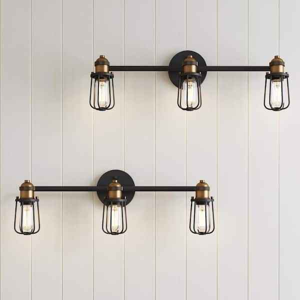 Nathan James Rori 23 in. 3-Light Vanity Light with Farmhouse Cage Sconce and Brass Details for Bathroom, Set of 2
