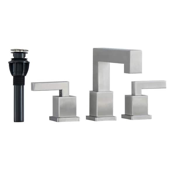 Fapully Deck Mount Square Double Handles HighArc 8 in. Widespread Double Handle Bathroom Faucet with Drain Kit in Brushed Nickel