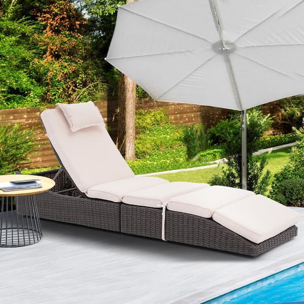 Brown Wicker Folding Outdoor Chaise Lounge Recliner with Beige Cushions, 5 Adjustable Back Positions (1-Pack)