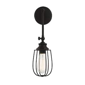 5 in. W x 11.38 in. H 1-Light Matte Black Wall Sconce with Adjustable Swinging Arm and Metal Cage Shade