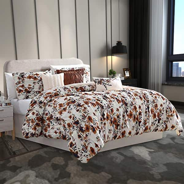 The Urban Port Lyon 6 Piece Brown And White Floral Microfiber Queen Comforter Set With Shirring Bm222812 The Home Depot