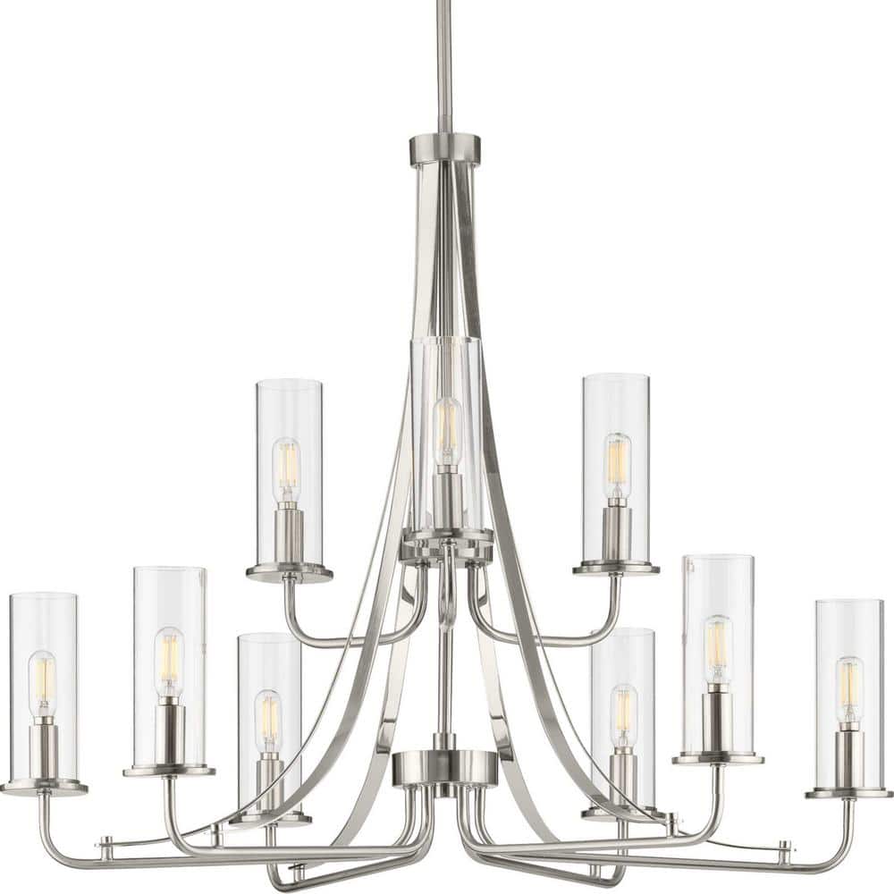 Riley 30" Brushed Nickel 9-Light Chandelier with Clear Glass Shades