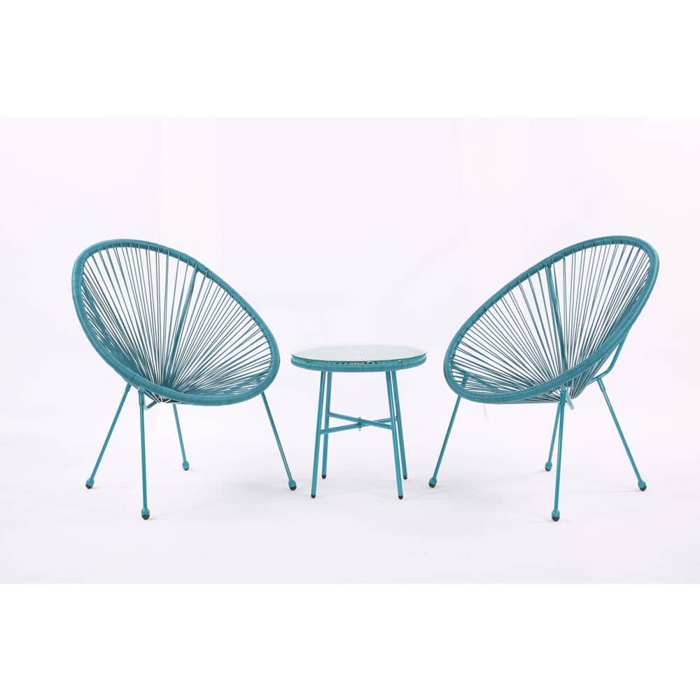 Acapulco 3-Piece Outdoor Rattan Wicker Conversation Bistro Set in Blue with