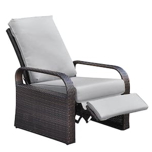 1-Piece Brown Aluminum Outdoor Recliner, Automatic Adjustable Wicker Lounge Recliner Chair with Gray Cushions