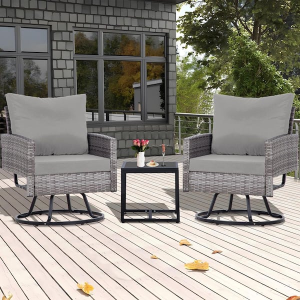 JUSKYS 3 Pieces Gray Wicker Patio Conversation set with Medium Gray Cushions and Table, Swivel Chairs
