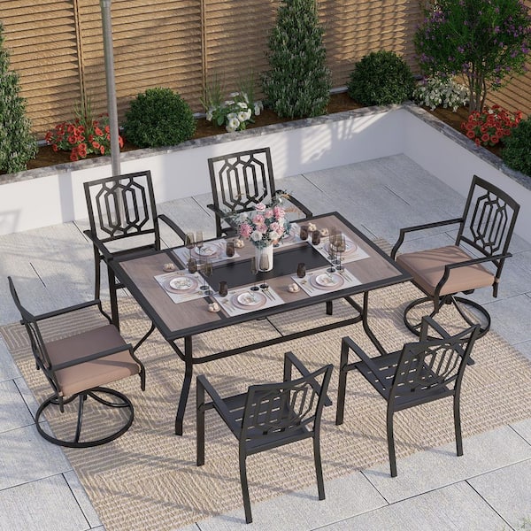 PHI VILLA Black 7-Piece Metal Patio Outdoor Dining Set with Geometric Rectangle Table and Fashion Chairs with Beige Cushion