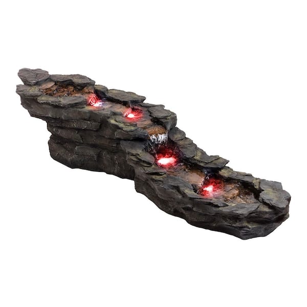 76 in. Long Outdoor Tiered Rocky River Stream Water Fountain with LED Lights, Brown