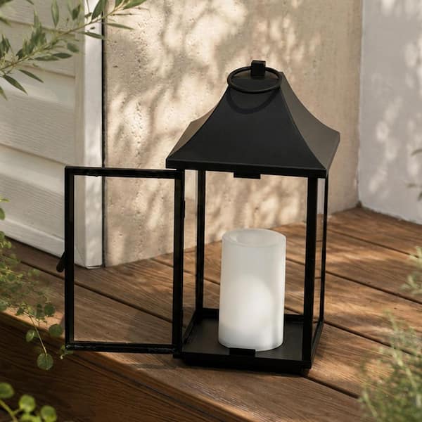 H14 in. Outdoor Solar Lantern with Flickering LED Candle Black Metal Tempered Glass Decorative Table Lamp for Patio