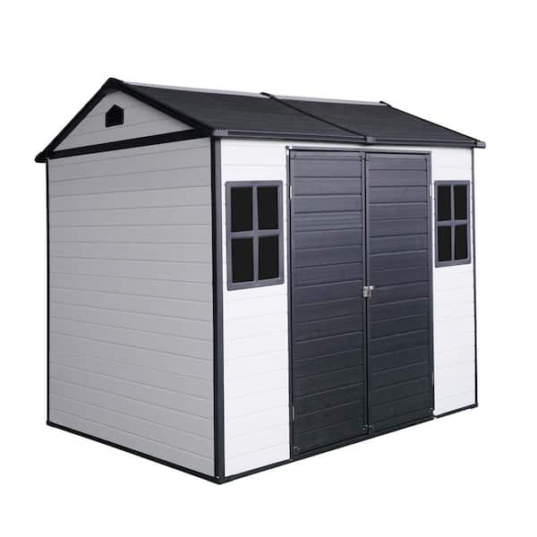 8 ft.W x 6 ft.D Outdoor Resin Storage Shed, Tool House with Floor, 2 Window for Patio/Yard/Lawn, Gray+White (49 sq. ft.)
