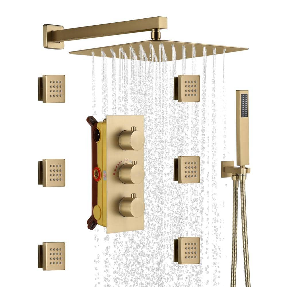 CASAINC 1-Spray Patterns with 2.5 GPM 12 in. Wall Mount Dual Shower Heads with Body Sprays in Brushed Gold