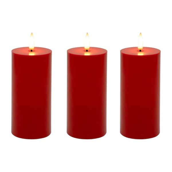 LUMABASE Battery Operated 3D Wick Flame Pillars, Red - Set of 3