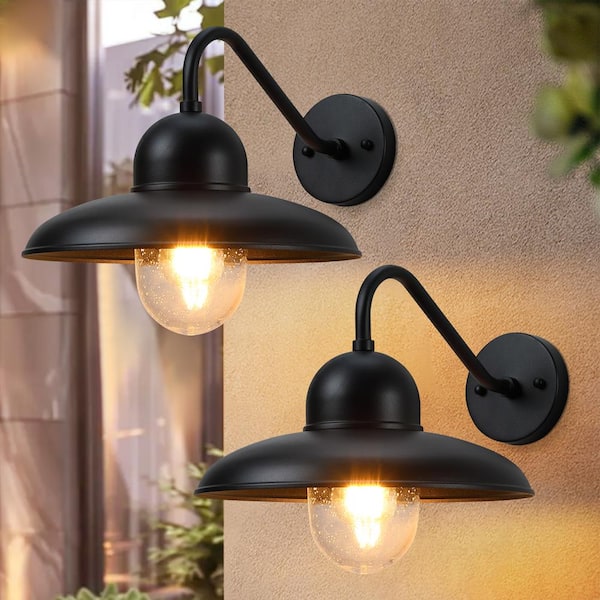 12 in. 1-Light Hardwired Black Outdoor Barn Wall Lights with Clear Seeded Glass, Weatherproof Fixtures (2-Pack)