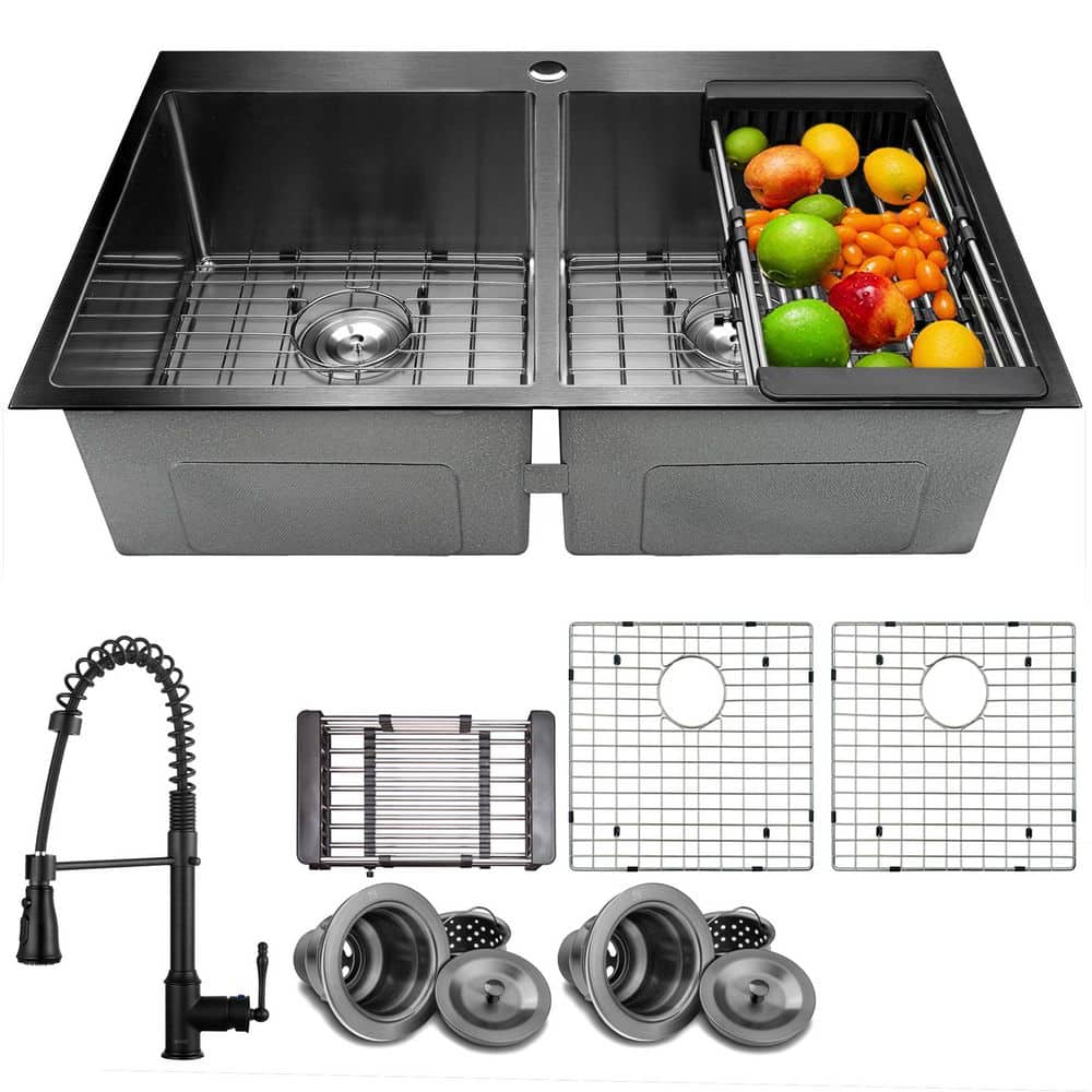 All-in-One Gunmetal Matte Black Finish Stainless Steel 33 in. Double Bowl Drop-In Kitchen Sink with Kitchen Faucet price drop on PriceWatchPro