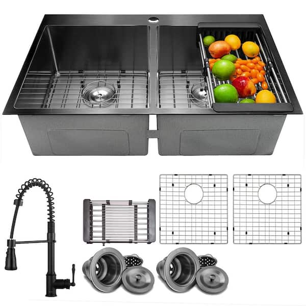 All-in-One Gunmetal Matte Black Finish Stainless Steel 33 in. Double Bowl Drop-In Kitchen Sink with Kitchen Faucet
