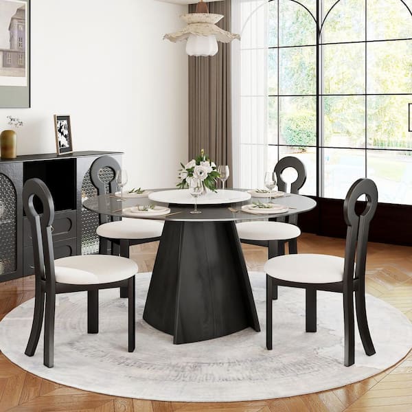 Round 53 in. Black Tempered Glass Tabletop with Rotable Lazy Susan and Pedestal Base Dining Table (Seats 6)
