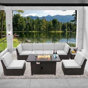 Anky Black/Brown 8-Piece Rattan Wicker Patio Fire Pit Sectional Seating Set with Olefin Light Gray Cushions