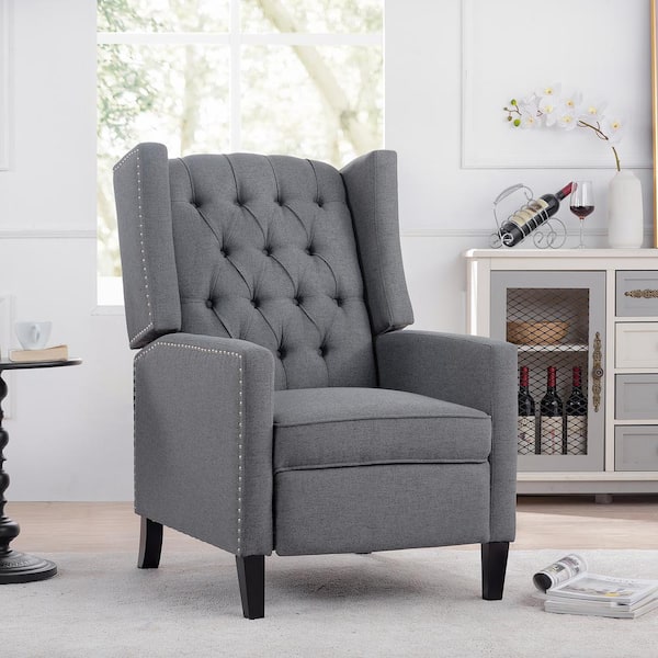 Noble House Zavier Grey Upholstered Fabric Recliner with Manual Adjustable Wingback