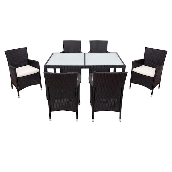 waelph Black 7-Piece Wicker Outdoor Dining Set with Beige Cushion