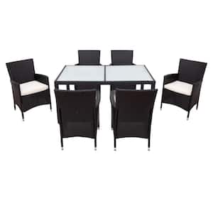 Black 7-Piece Wicker Outdoor Dining Set with White Cushion