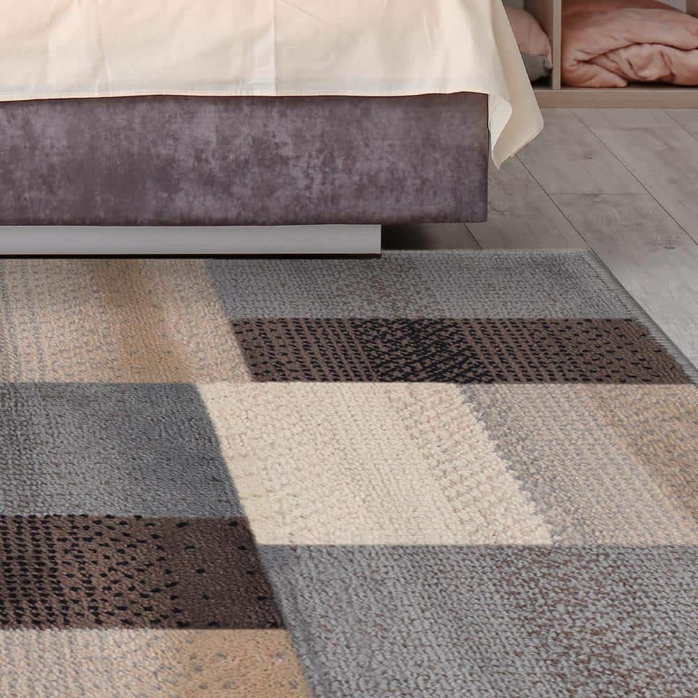 Beige and Blue Geometric Medium Pile Area Rug