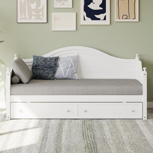 Classic White Twin Size Wood Daybed with 2-Storage Drawers