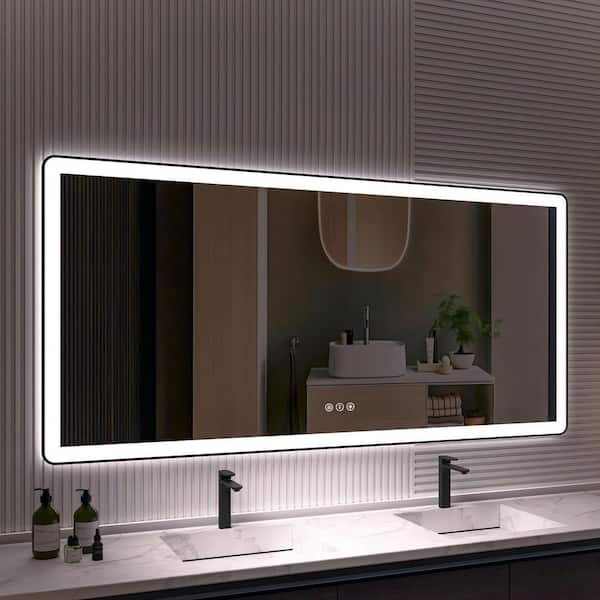 TOOLKISS 84 in. W x 40 in. H Rectangular Framed LED Anti-Fog Wall Bathroom Vanity Mirror in Black with Backlit and Front Light