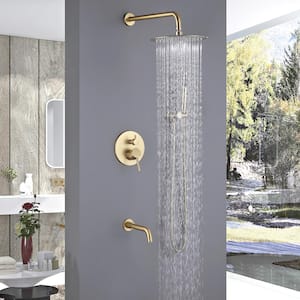 2-Handle 1-Spray Wall Mount Tub and Shower Faucet with Hand Shower in Brushed Gold (Valve Included)