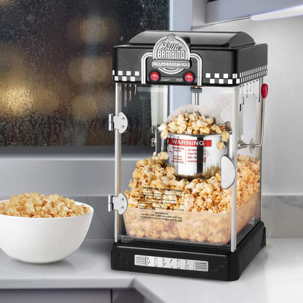 Little Bambino Black Retro Countertop Popcorn Machine with Stainless Steel Kettle