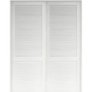 48 in. x 96 in. Hybrid Core Primed MDF Composite Louvered Double Prehung Universal Interior French Door with Ball Catch