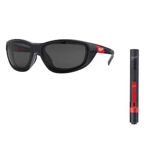 Performance Polarized Safety Glasses with Tinted Fog-Free Lenses and Gasket and 100 Lumens Aluminum Pen Light with Clip