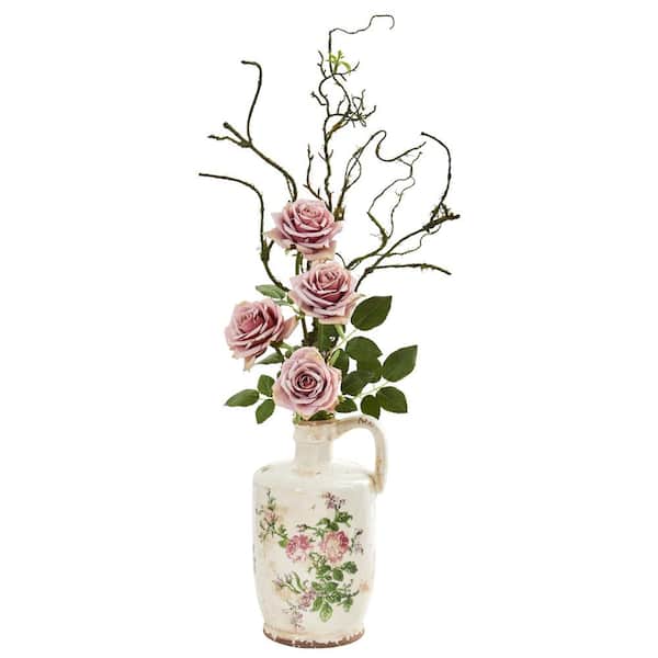 Nearly Natural Vintage Rose Artificial Arrangement in Floral Design Pitcher