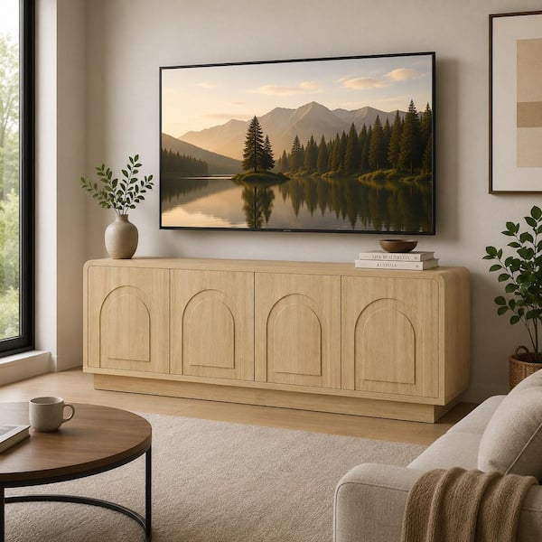 63 in. Modern Natural Oak TV Stand Entertainment Center Fits TV's Up to 70 in. with 4 Arched Doors & Storage