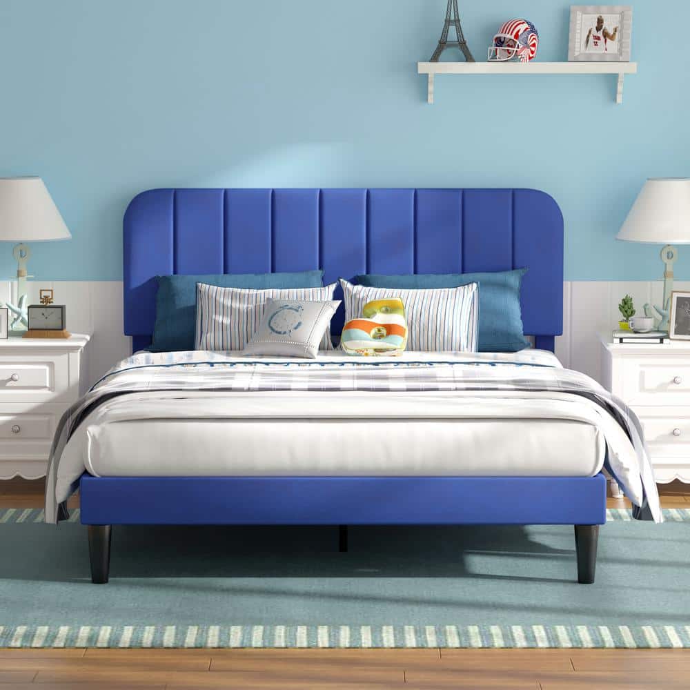 VECELO Upholstered Bed Frame Blue Metal Frame Queen Platform Bed with Adjustable Headboard