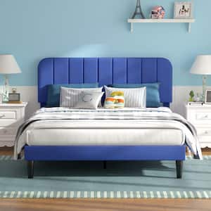Upholstered Bed Frame Blue Metal Frame Queen Platform Bed with Adjustable Headboard, Strong Wooden Slats Support,