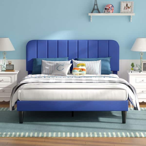 VECELO Upholstered Bed Frame Blue Metal Frame Queen Platform Bed with Adjustable Headboard, Strong Wooden Slats Support,