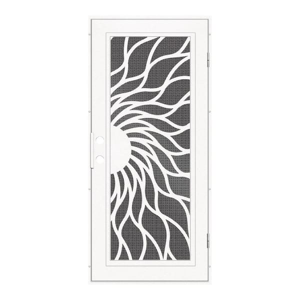 Unique Home Designs 32 in. x 80 in. Sunfire White Left-Hand Surface Mount Aluminum Security Door with Black Perforated Metal Screen