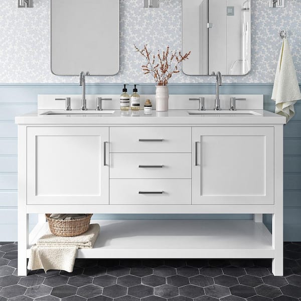ARIEL Bayhill 61 in. W x 22 in. D x 36 in. H Bath Vanity in White with Pure Pure White Quartz Top