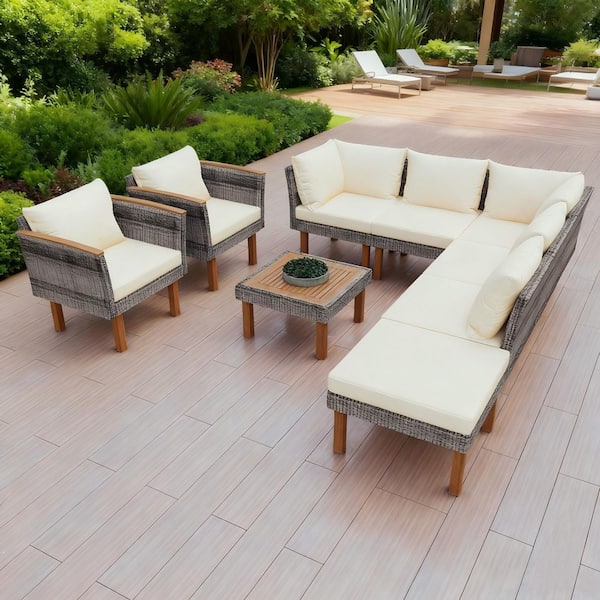 wayofatry 9-Piece Patio Wicker Outdoor Sectional Set with Acacia Wood Legs and Coffee Table, Washable Beige Cushion